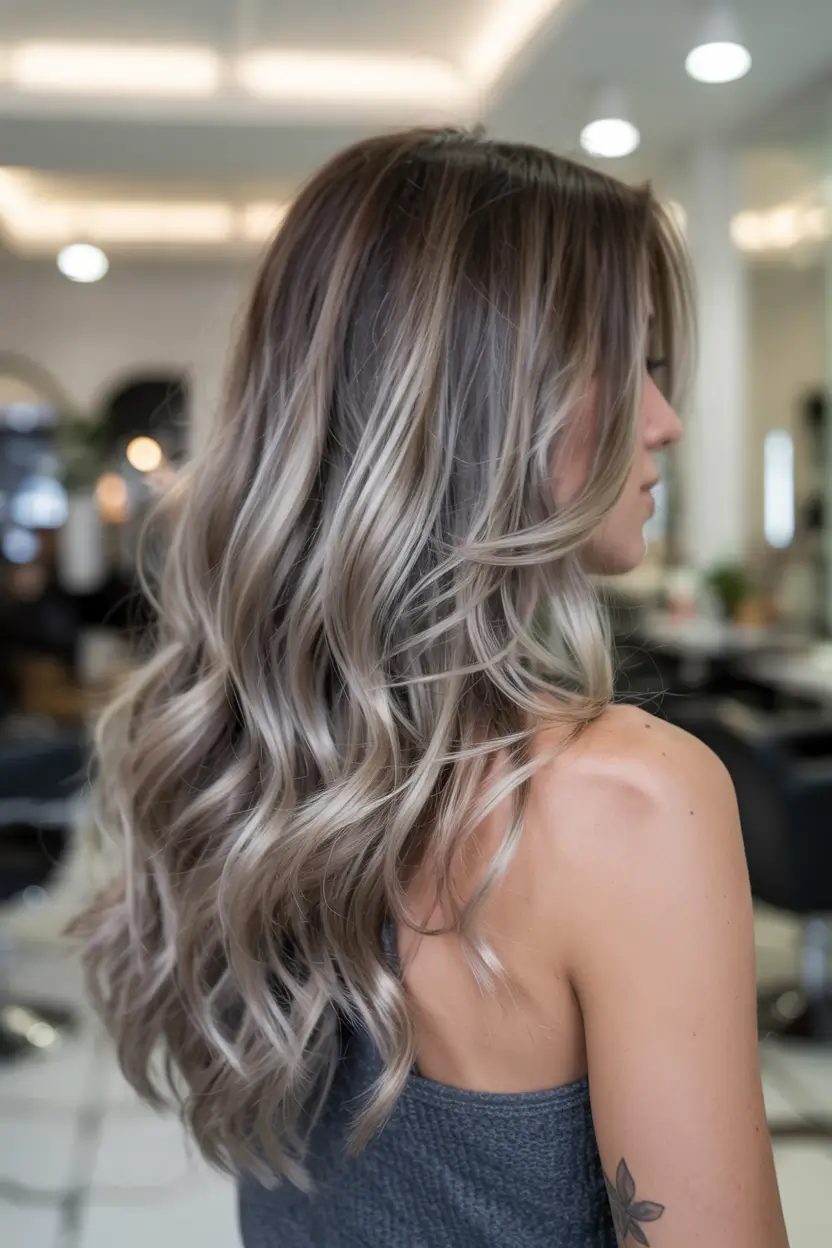 ash brown hair color 2026 Glamorous Ash Balayage with Root Shadow