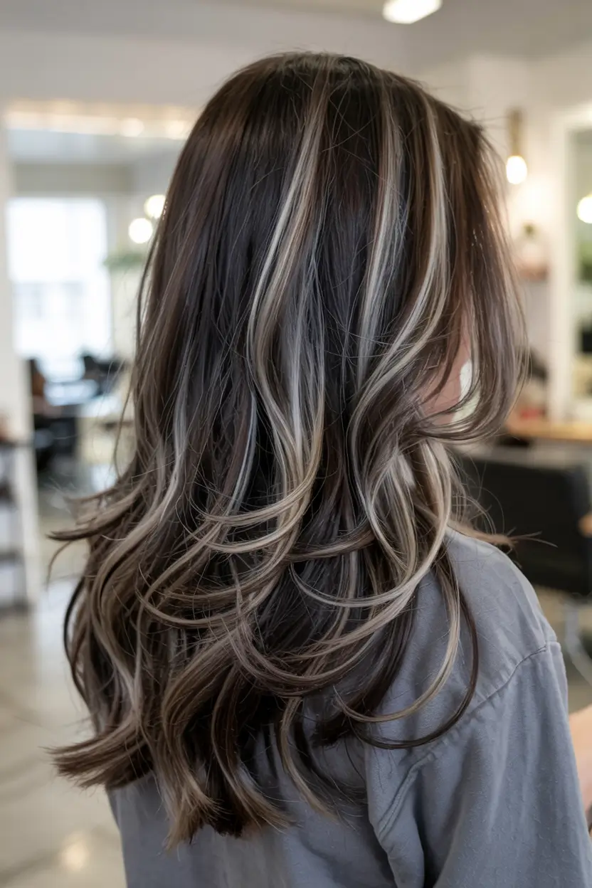 ash brown hair color 2026 Ribbons of Ice Ash on Deep Espresso Base