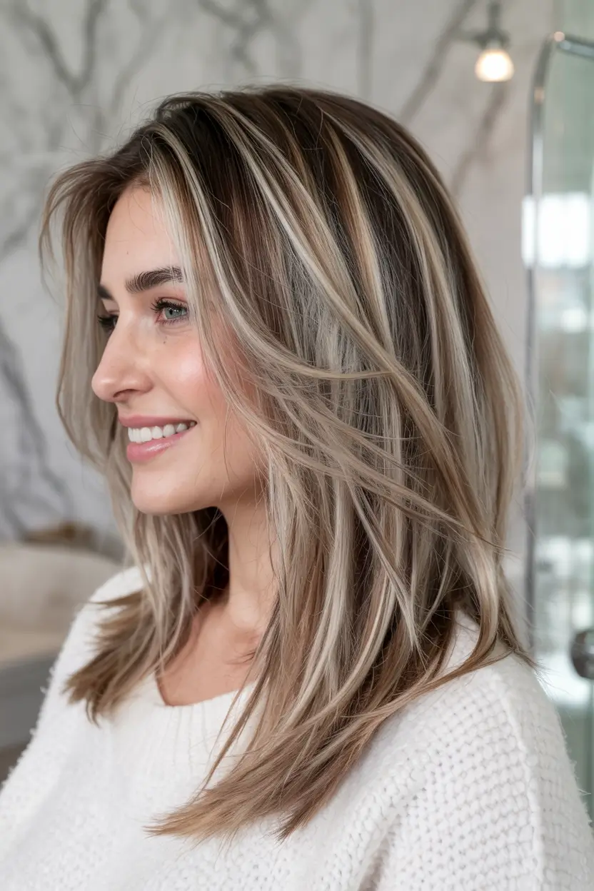 ash brown hair color 2026 Choppy Layers with Face-Framing Frost