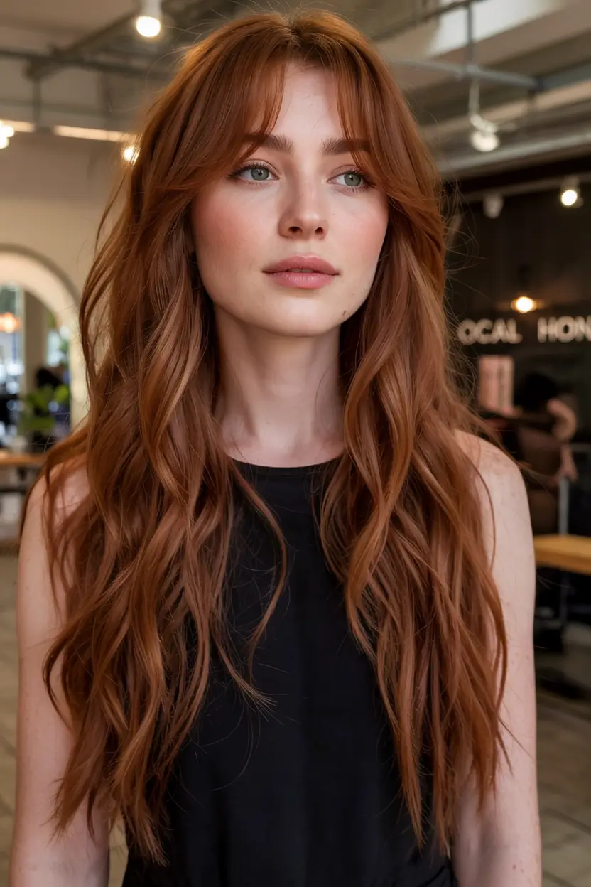 auburn hair color ideas 2026 Long Copper Layers With Soft Bardot Bangs