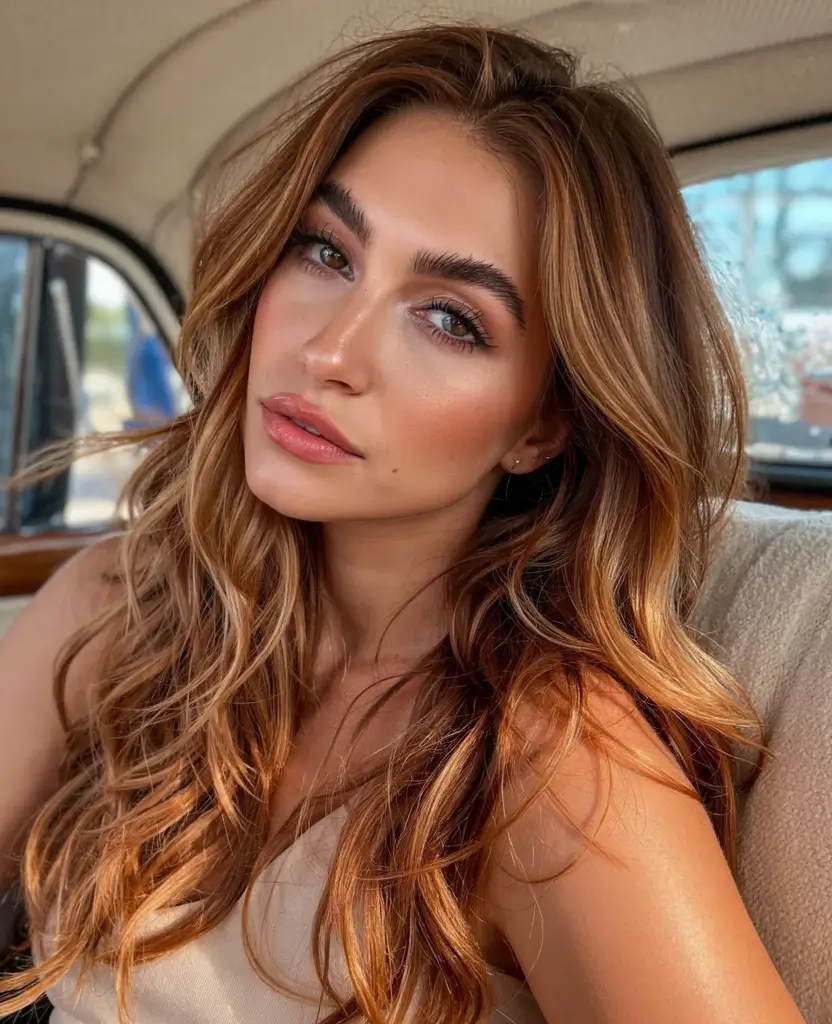 auburn hair color ideas 2026 Golden Auburn Sunkissed Waves