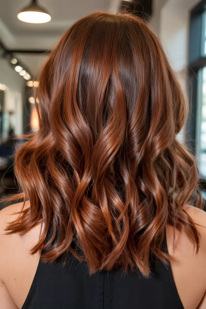 auburn hair color ideas 2026 Glossy Chestnut Auburn With Polished Curls