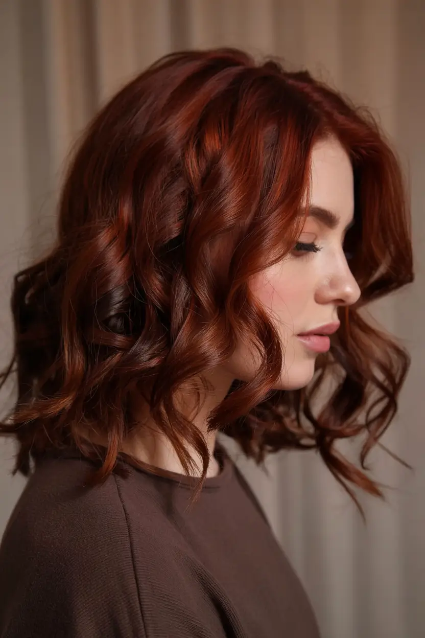 auburn hair color ideas 2026 Chocolate-Rooted Auburn Bob With Spiral Movement
