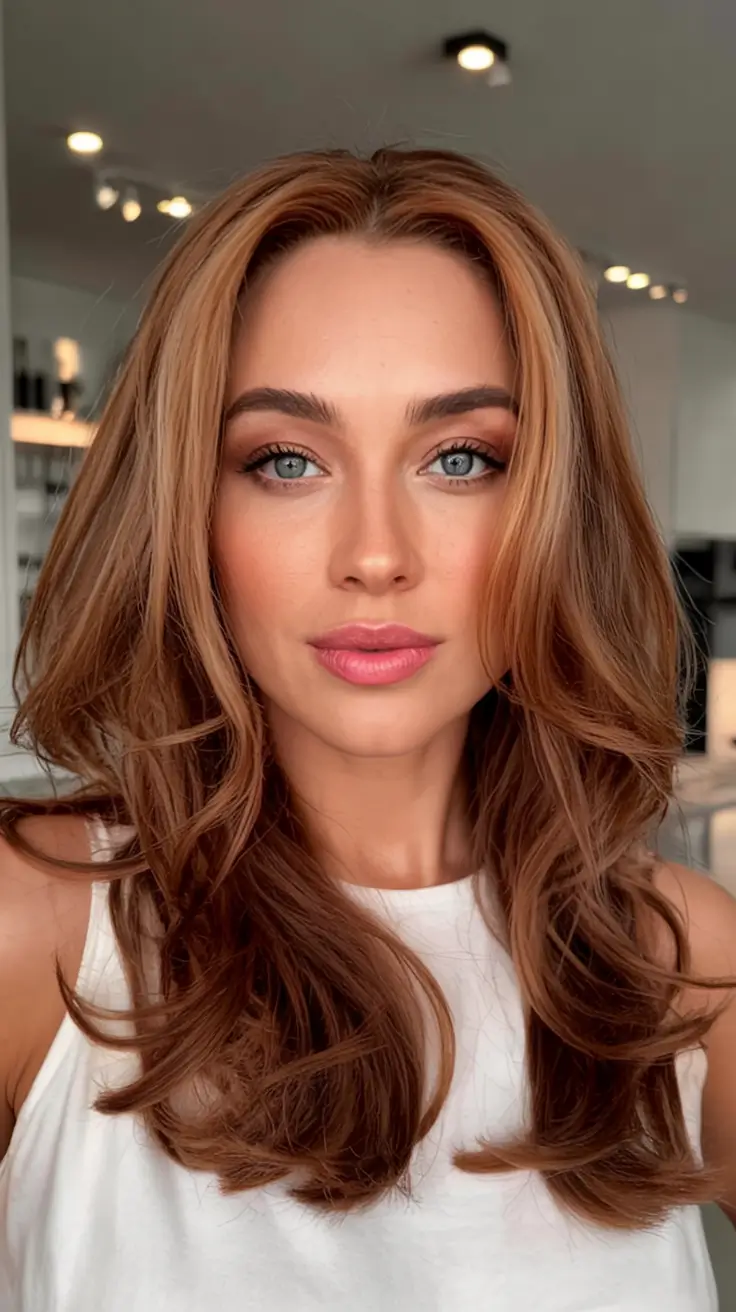 auburn hair color ideas 2026 Warm Honey Auburn Layers With Soft Face Framing