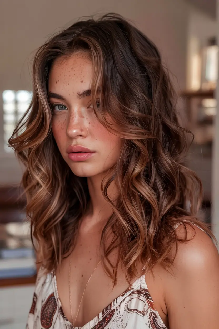 auburn hair color ideas 2026 Boho-Auburn Waves with Soft Brunette Depth
