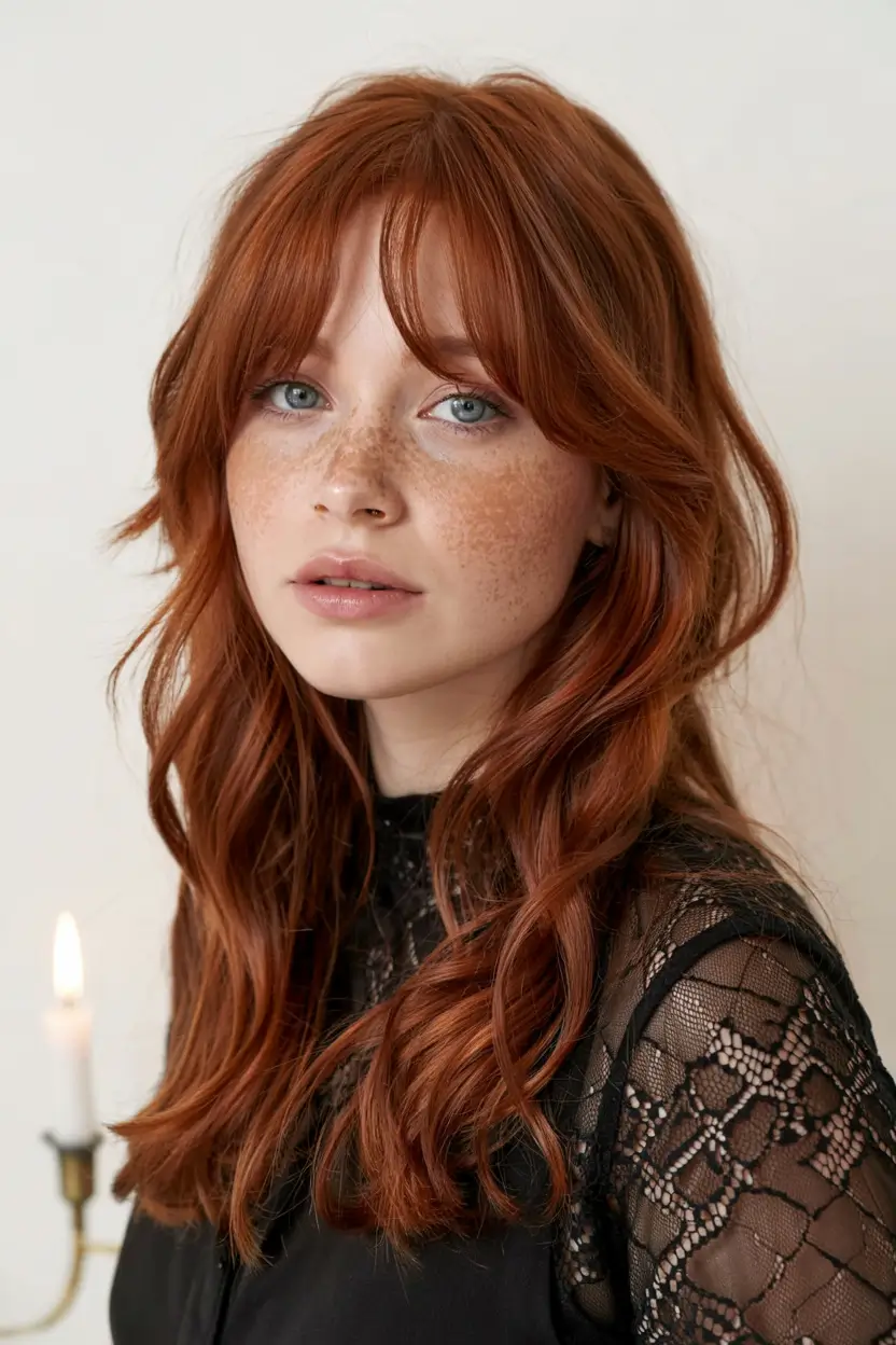 auburn hair color ideas 2026 Warm Copper Layers With Soft Fringe