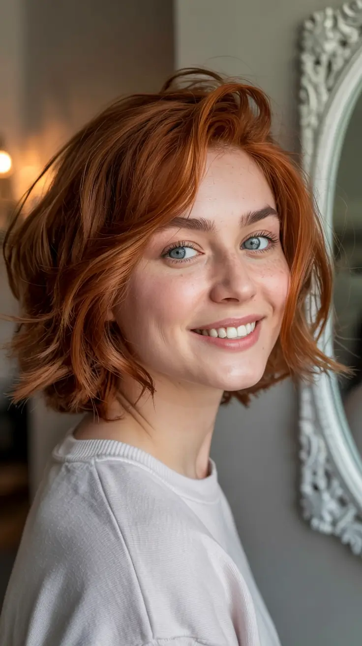 auburn hair color ideas 2026 Playful Short Auburn Bob With Natural Texture