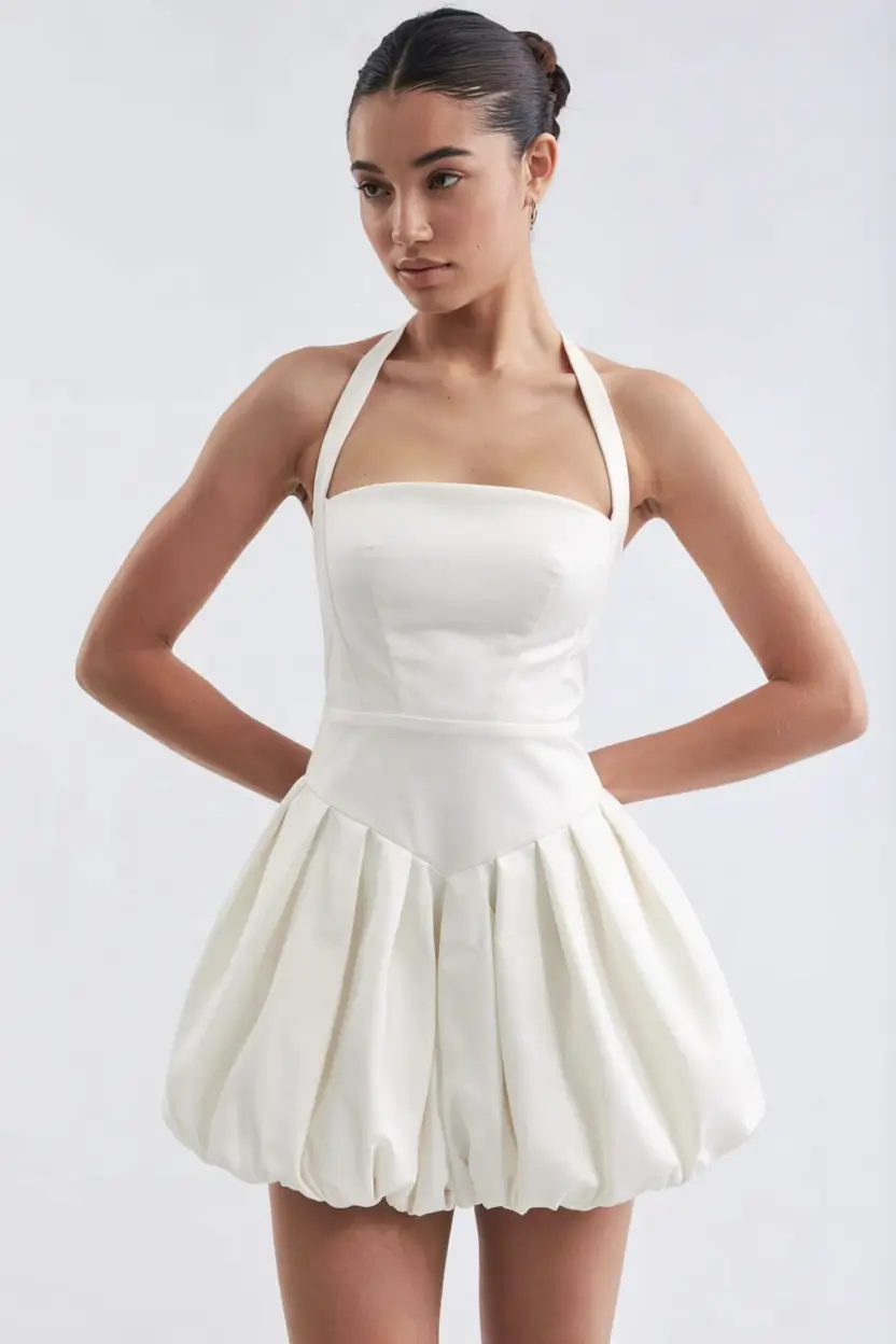 Birthday outfits for women 2026 Structured White Mini with a Balloon Skirt