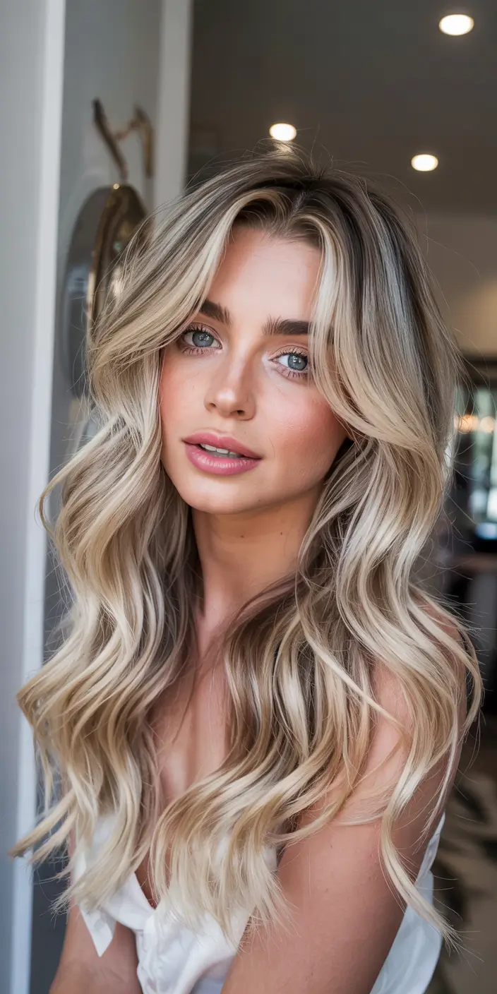 blonde hair color 2026 Modern Rooted Blonde with Polished Waves