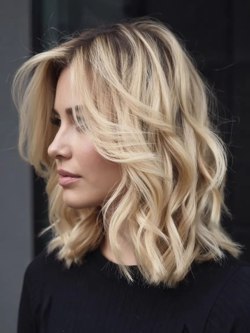 blonde hair color 2026 Buttery Mid-Length Curls with Deep Dimension