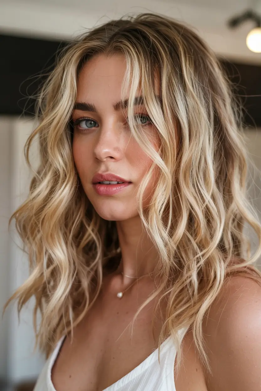 blonde hair color 2026 Messy Golden Foilage with Saltwater Waves