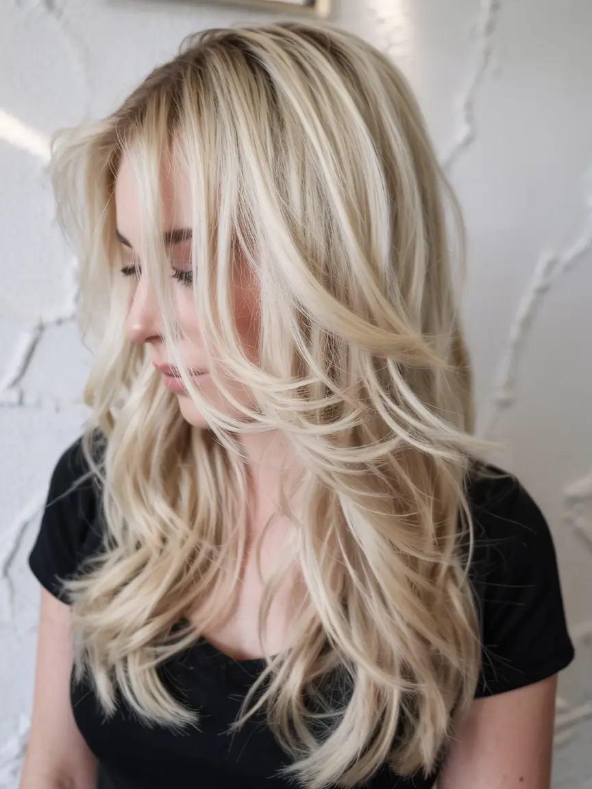 blonde hair color 2026 Layered Almond Blonde with Silken Face Frame