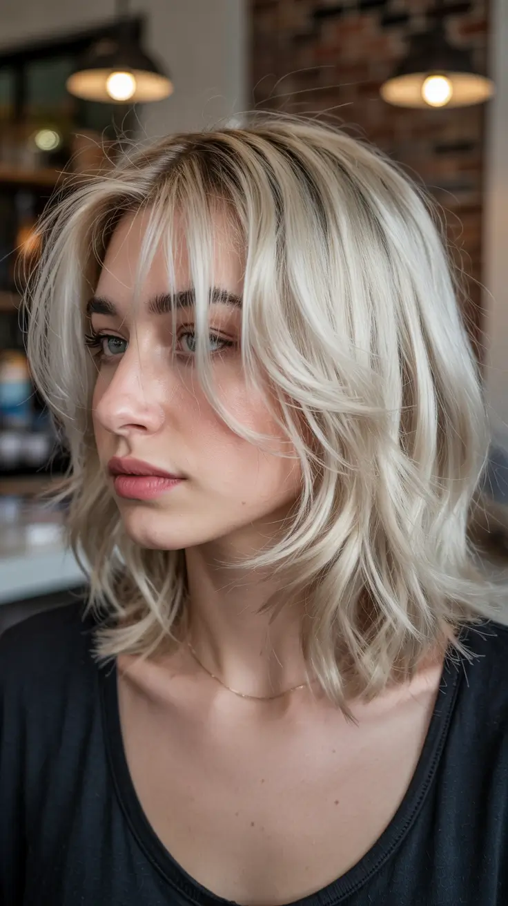 blonde hair color 2026 Short Creamy Blonde with Soft Flicked Layers