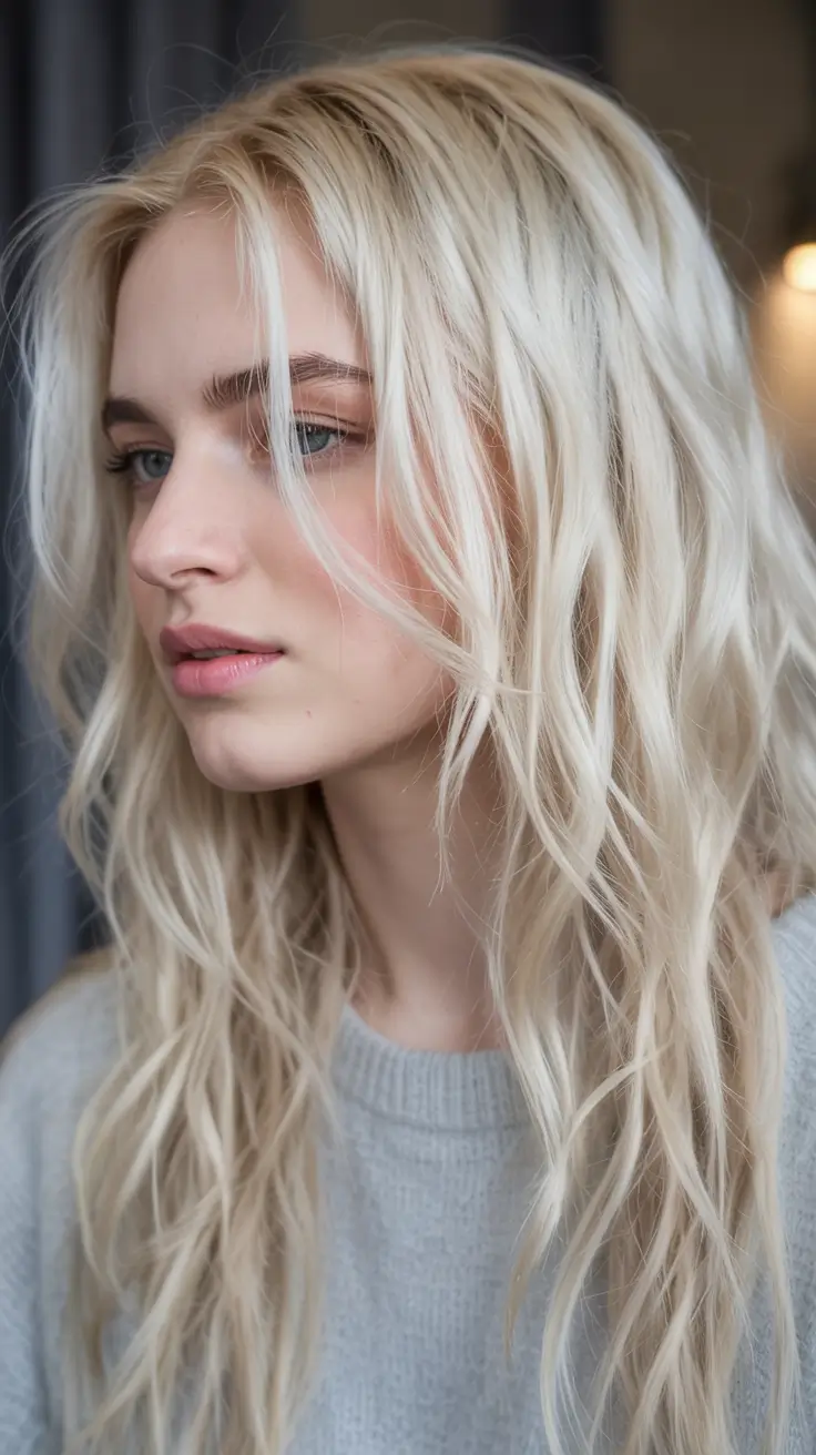 blonde hair color 2026 Snowy Ash Blonde with Wet Texture Waves