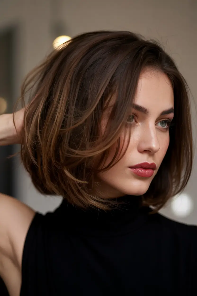 bob haircut ideas 2026 Voluminous Layers with Caramel Lowlights