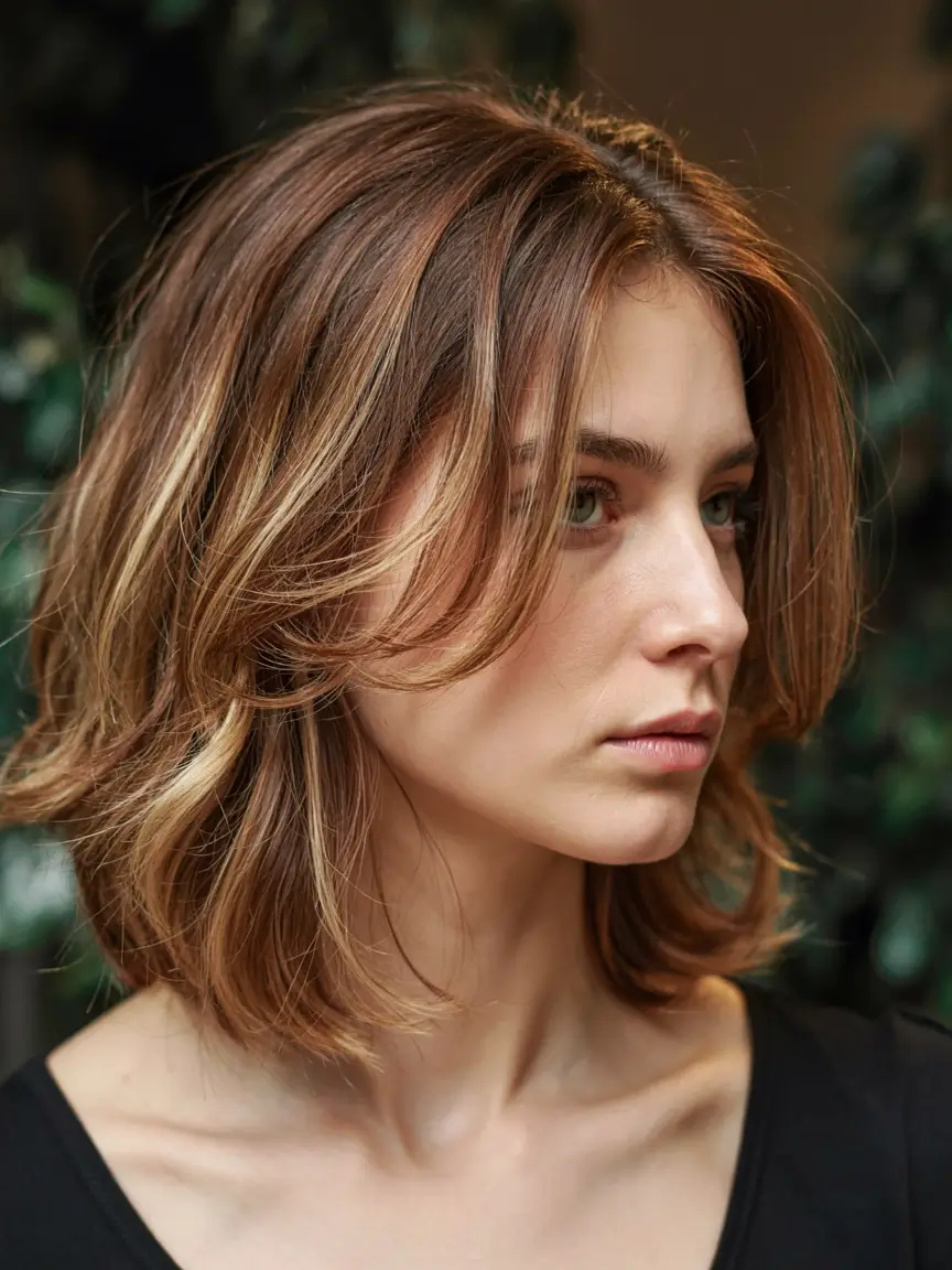 bob haircut ideas 2026 Golden Peach Tones on a Textured Bob