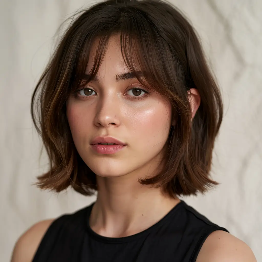 bob haircut ideas 2026 Rounded Bob with Soft Curtain Bangs