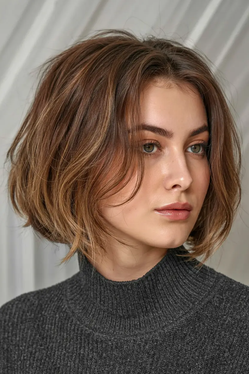 bob haircut ideas 2026 Layered Tousled Bob with Rooted Honey Highlights