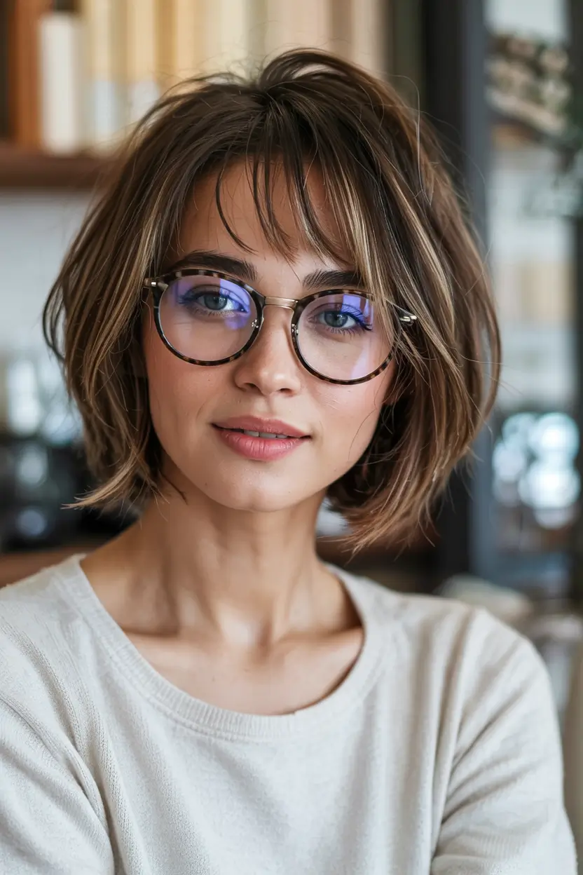 bob haircut ideas 2026 Academic Chic Bob with Soft Bangs and Frame