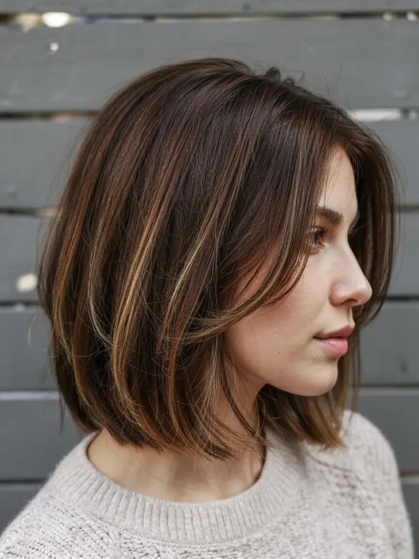 bob haircut ideas 2026 Glossy Brunette Bob with Caramel Dimension