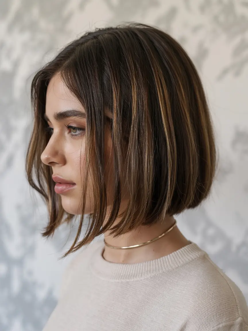 bob haircut ideas 2026 Glossy Blunt Bob with Baby Highlights