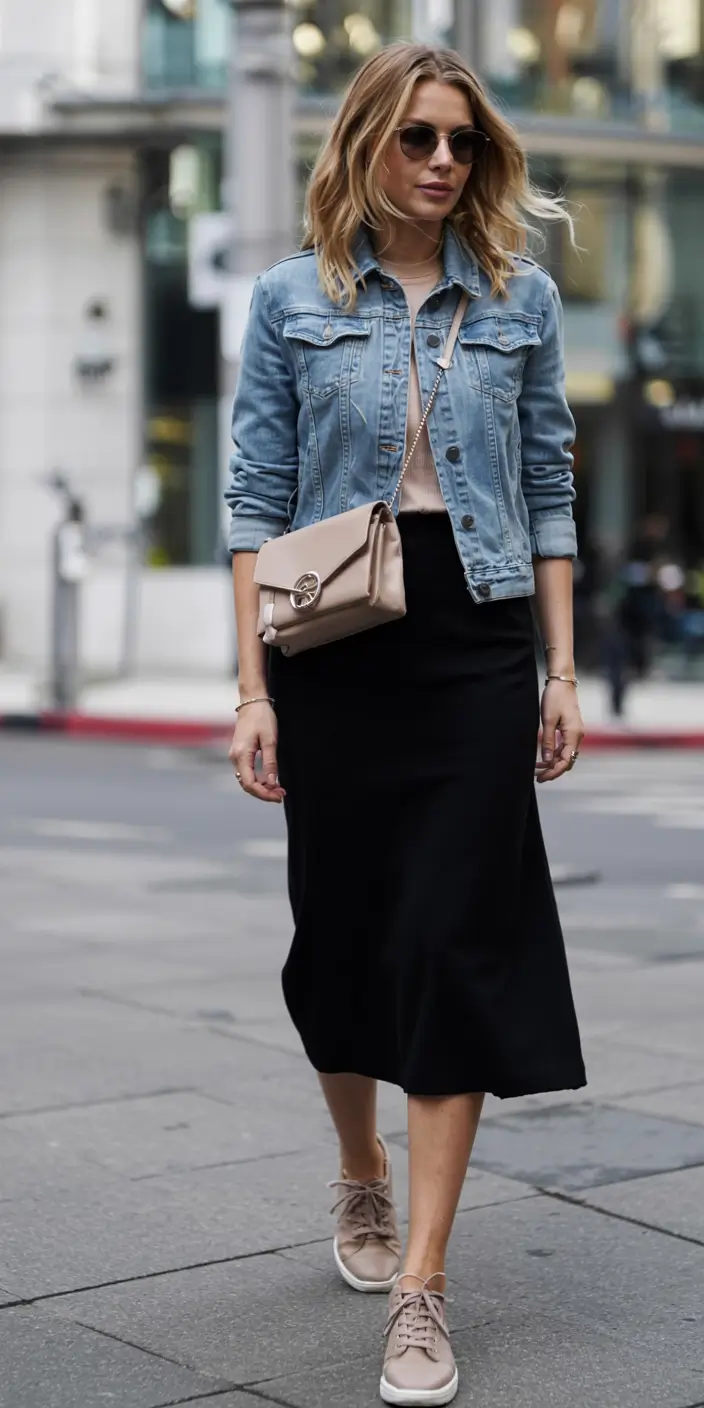casual skirt outfits 2026 Urban Ease with a Denim Jacket