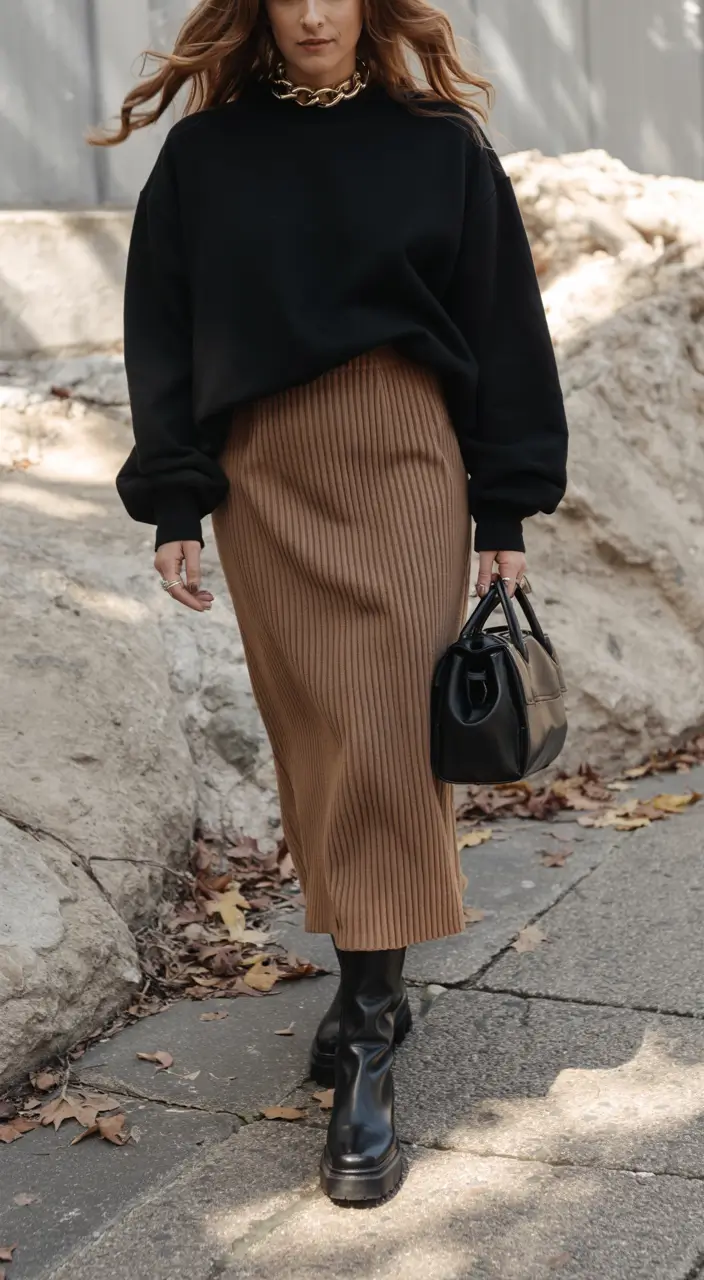 casual skirt outfits 2026 Elevated Neutrals with Sculpted Layers