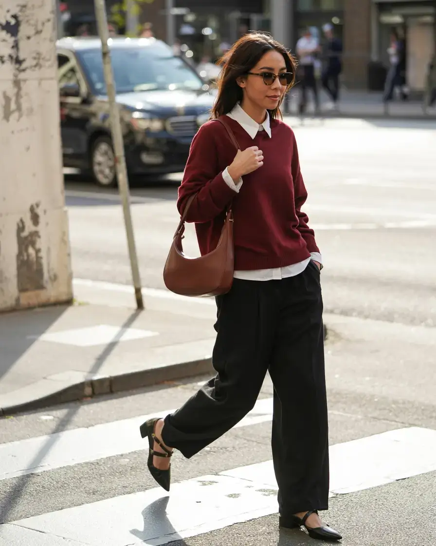 Chic office outfits for work 2026 Burgundy Warmth Meets City Cool