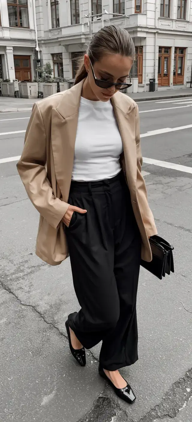 Chic office outfits for work 2026 Beige Blazer and Black Trousers — Effortless Polish