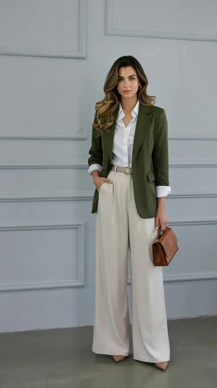 Chic office outfits for work 2026 Earthy Elegance in Olive and Cream