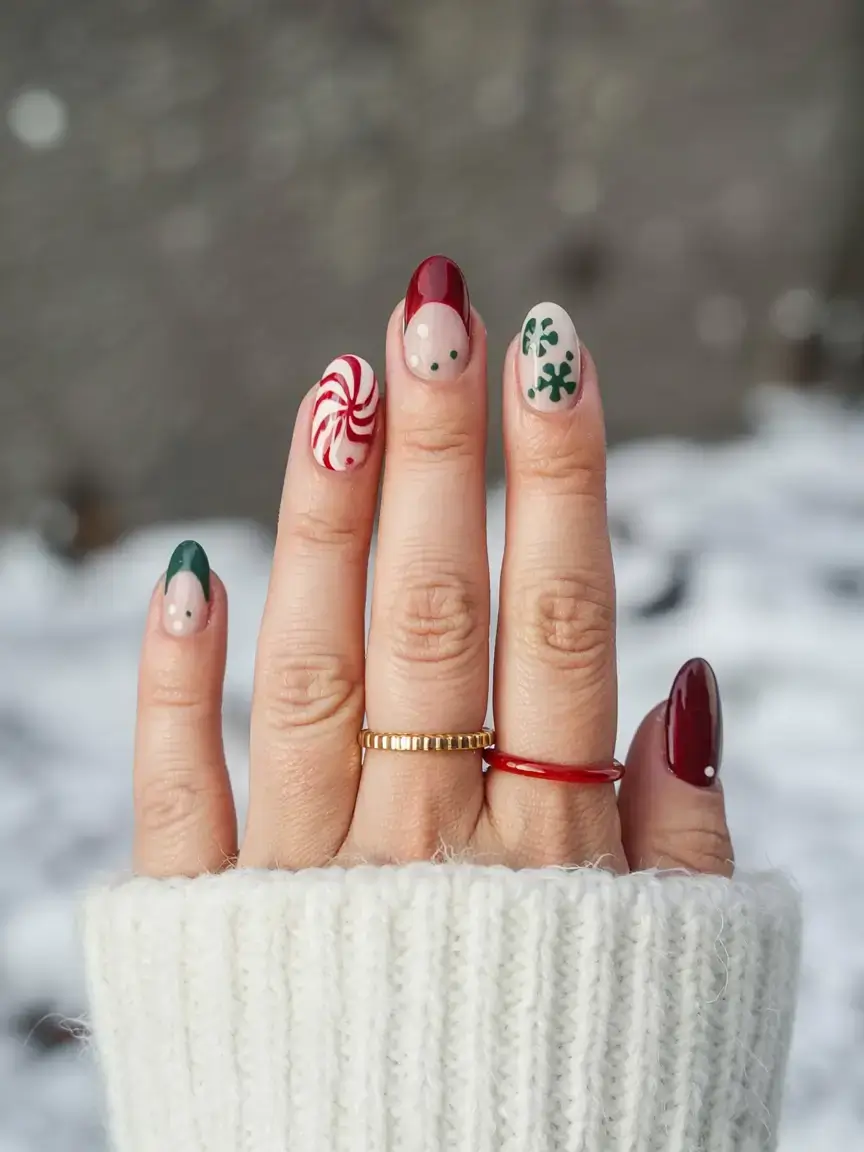 christmas nails ideas 2025 2026 Playful Peppermint Vibes