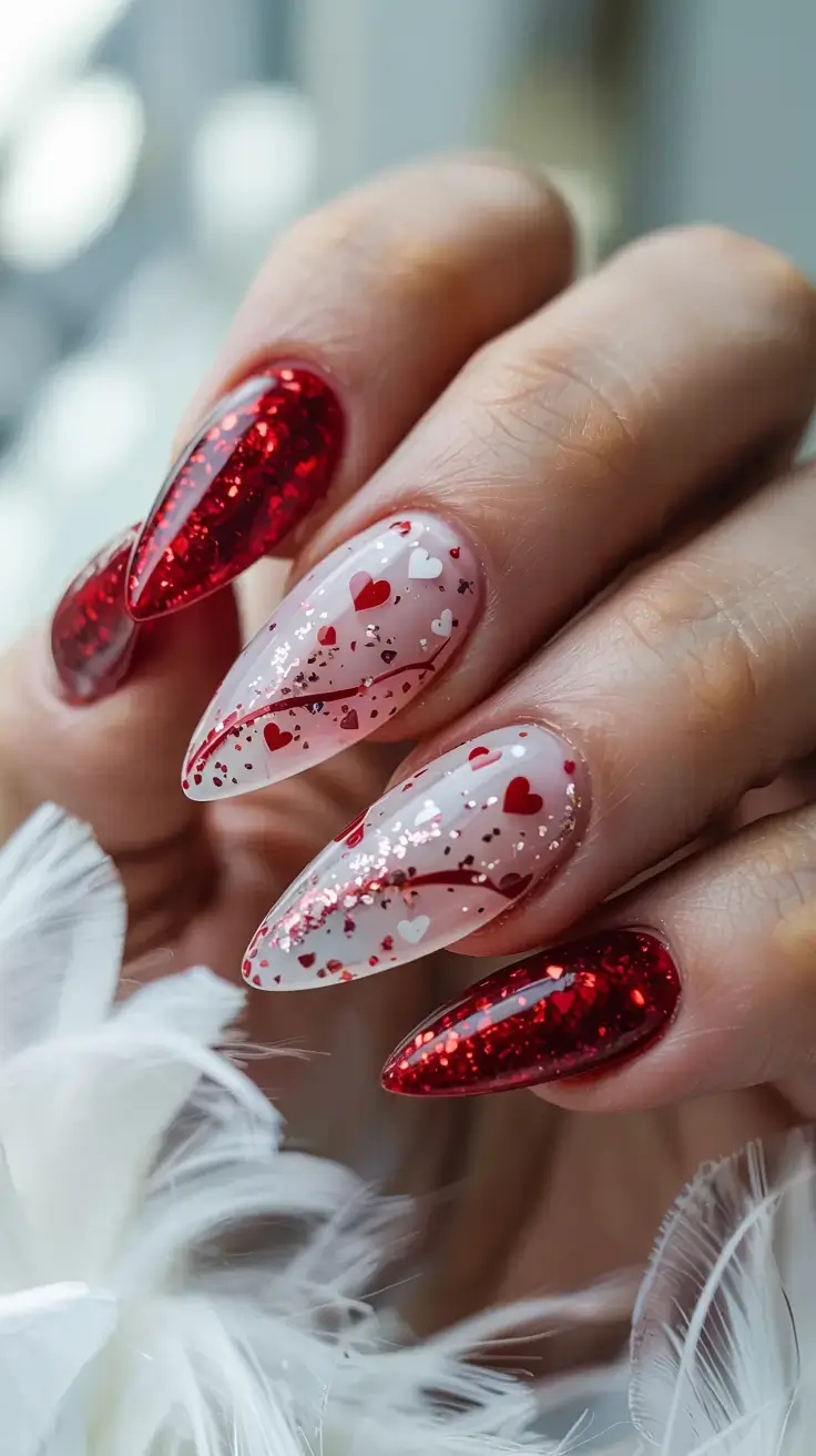 christmas nails ideas 2025 2026 Red Sparkle Hearts
