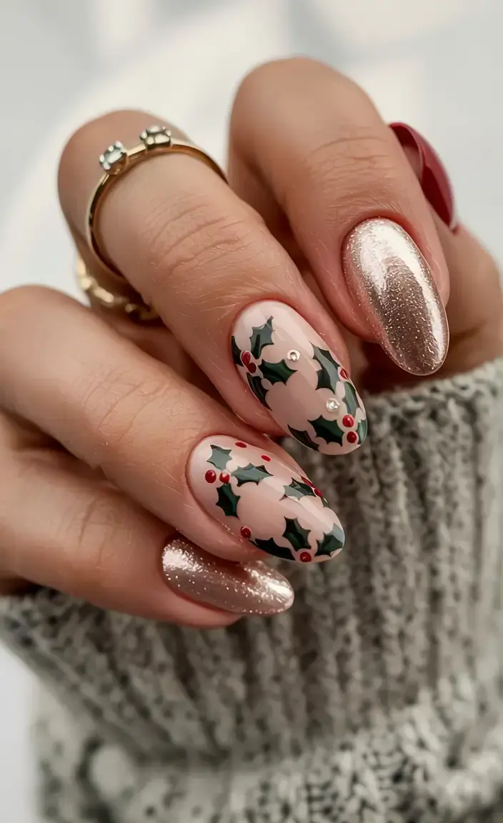 christmas nails ideas 2025 2026 Golden Holly Sparkle