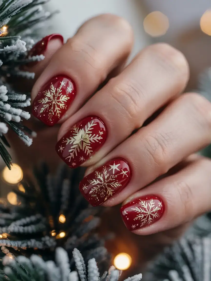 christmas nails ideas 2025 2026 Crimson Snowflake Glam