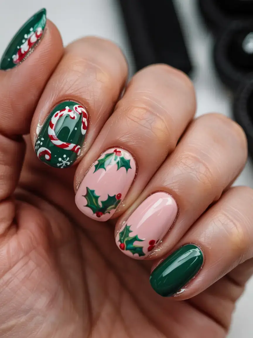 christmas nails ideas 2025 2026 Candy & Evergreen Joy
