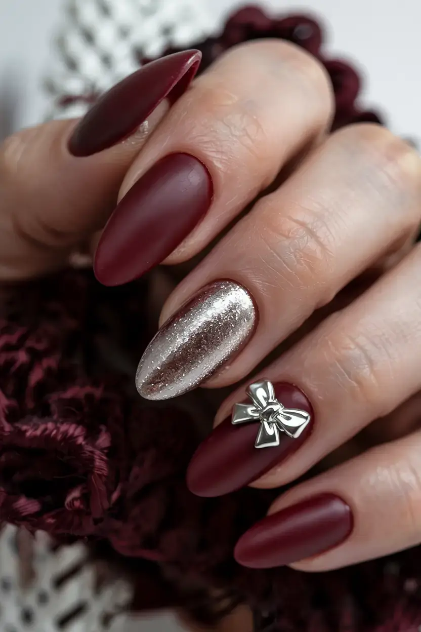 christmas nails ideas 2025 2026 Velvet Burgundy & Silver Luxe