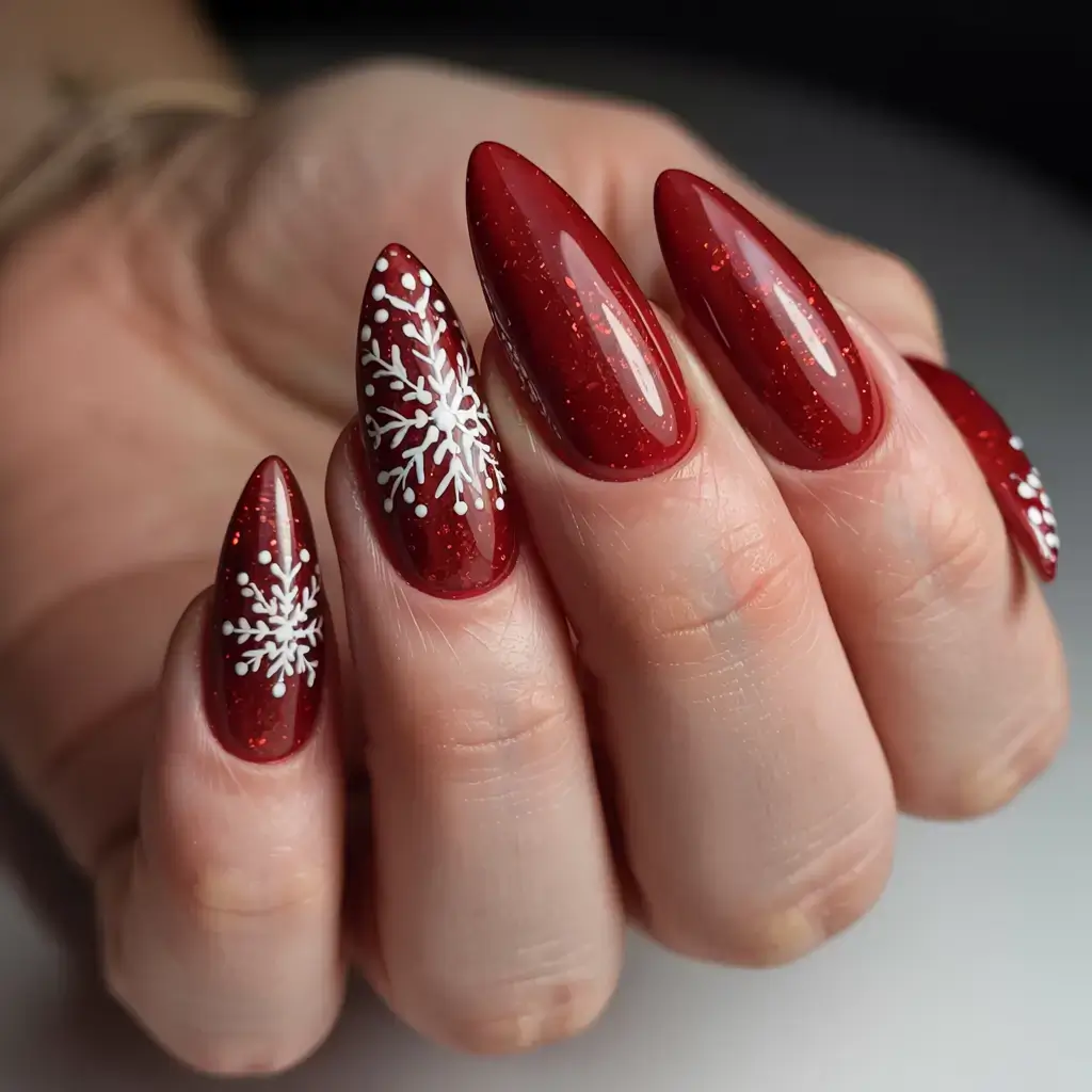 christmas nails ideas 2025 2026 Crimson Snowfall Elegance