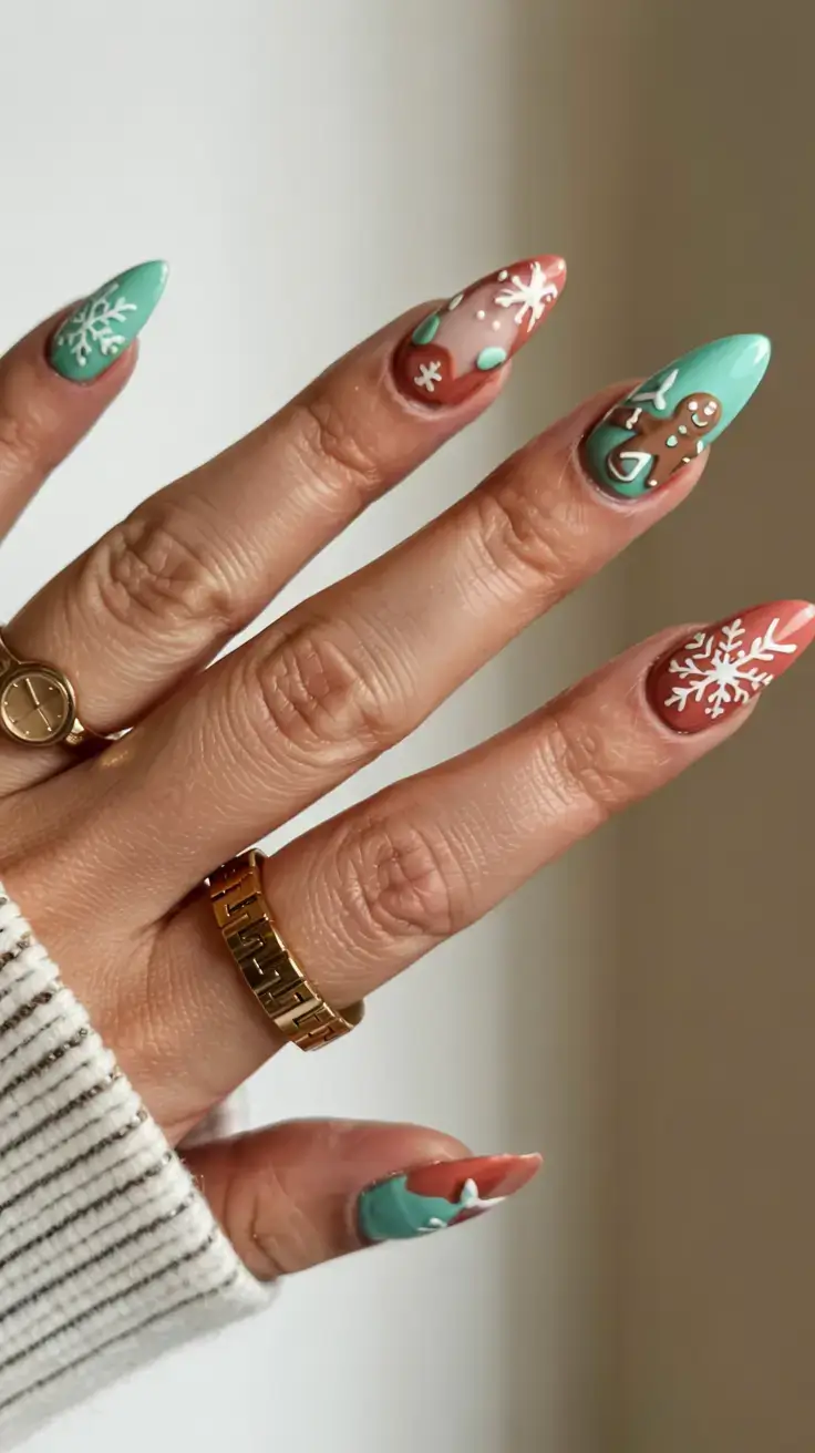 christmas nails ideas 2025 2026 Mint Gingerbread Whimsy