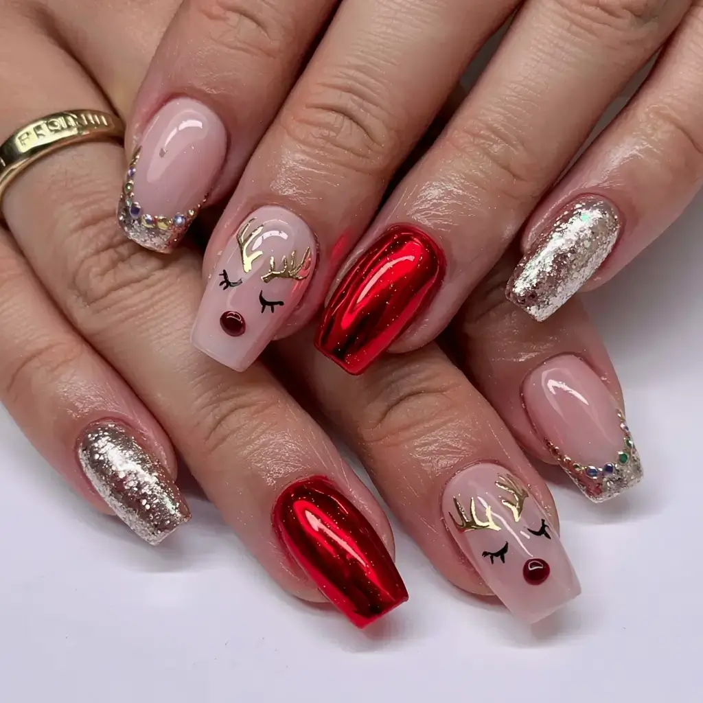 christmas nails ideas 2025 2026 golden reindeer glow