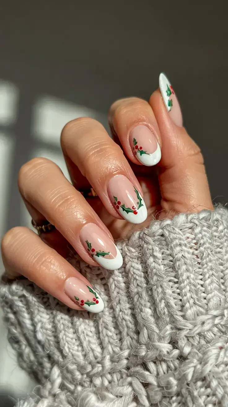christmas nails ideas 2025 2026 White Frost & Holly Tips