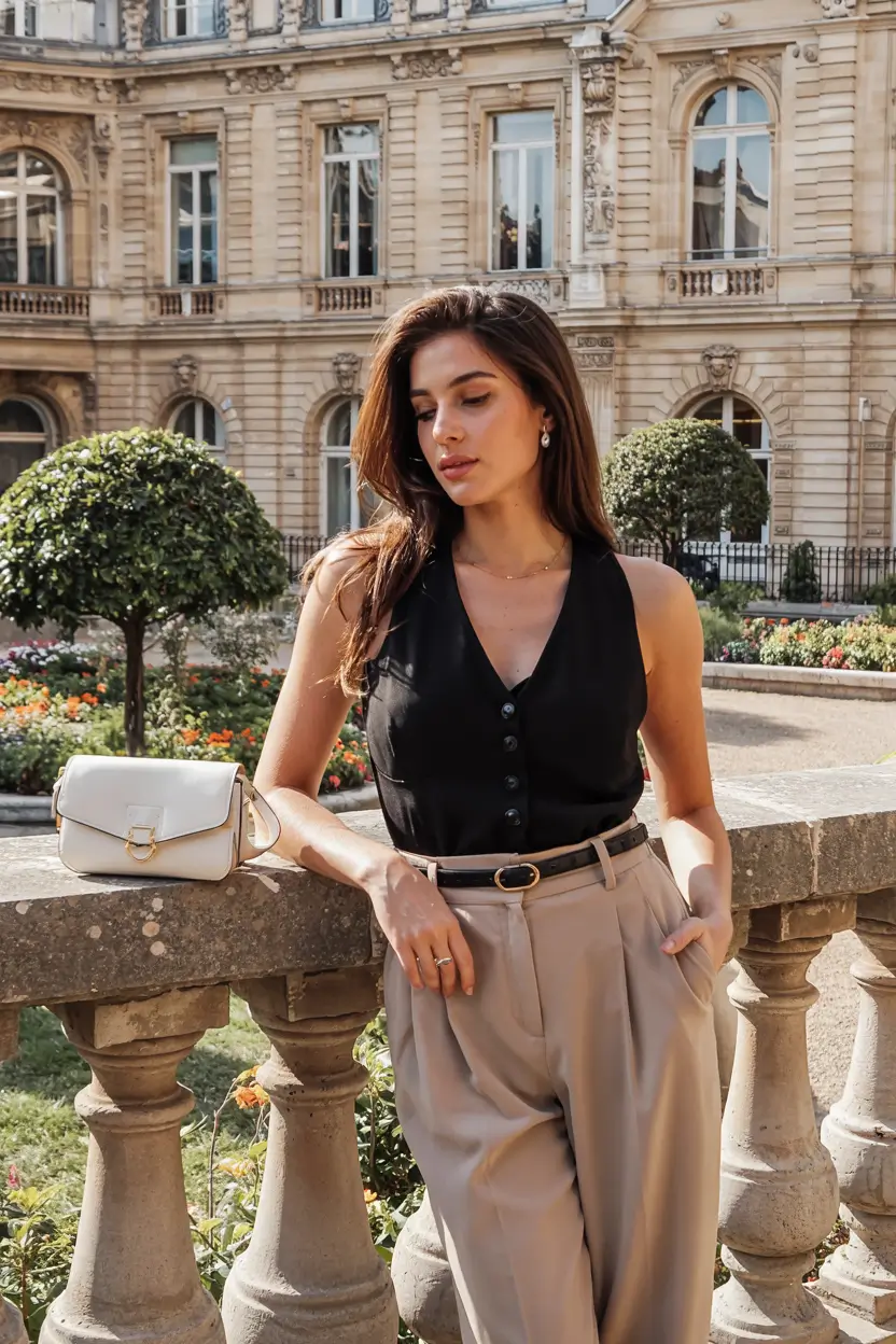 Cute casual outfit ideas 2026 Black Vest and High-Waisted Trousers