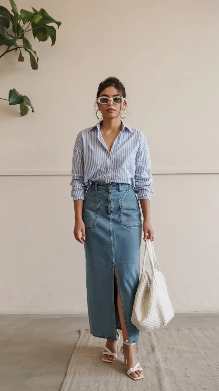 Cute casual outfit ideas 2026 Blue Stripes and Denim Skirt Charm