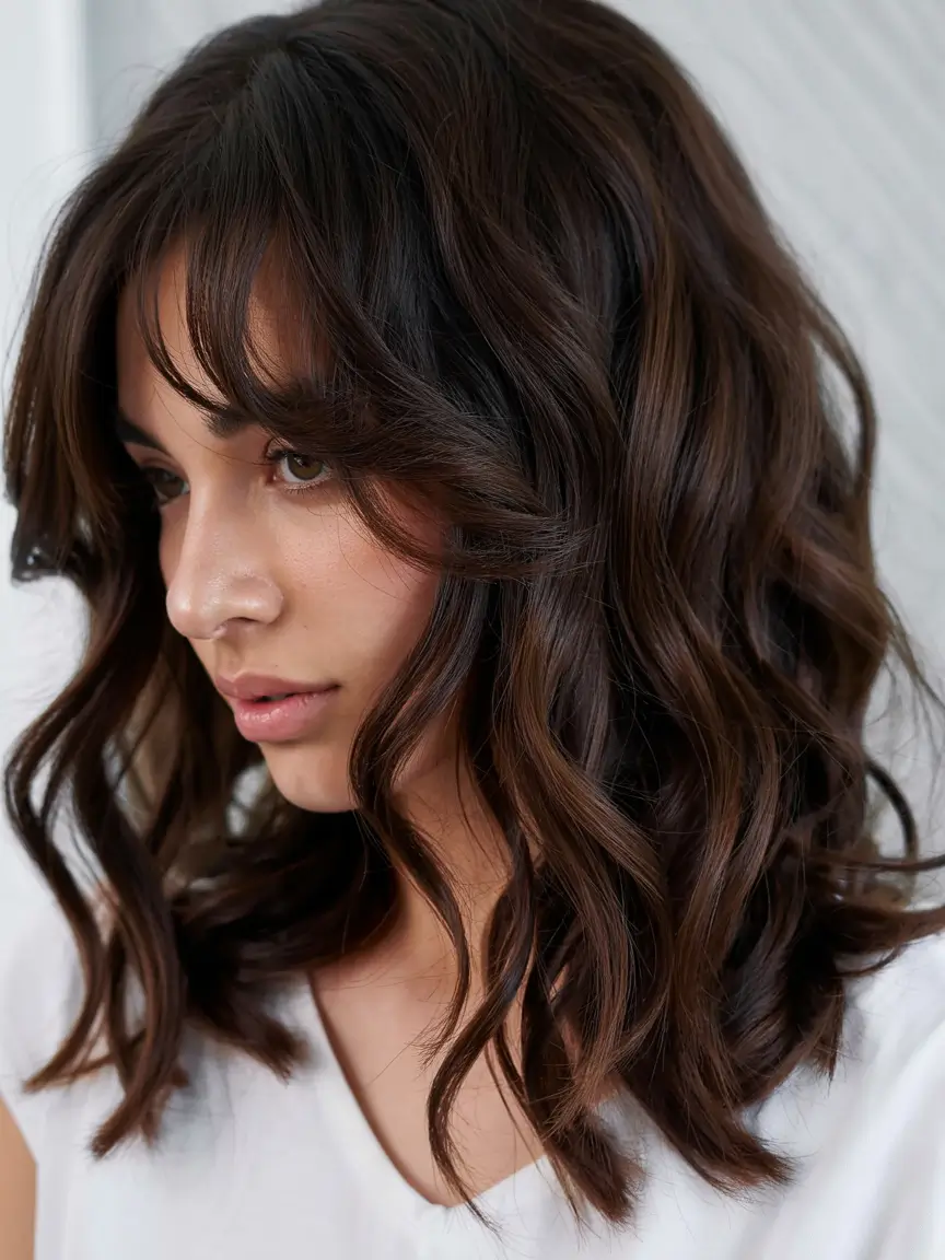 dark brown hair color 2026 Curled Bob with Curtain Bangs