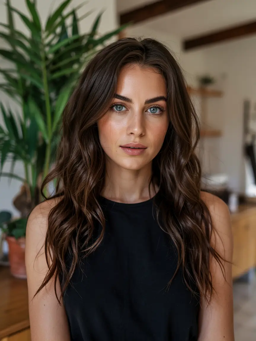 dark brown hair color 2026 Sunlit Waves with Lived-In Texture
