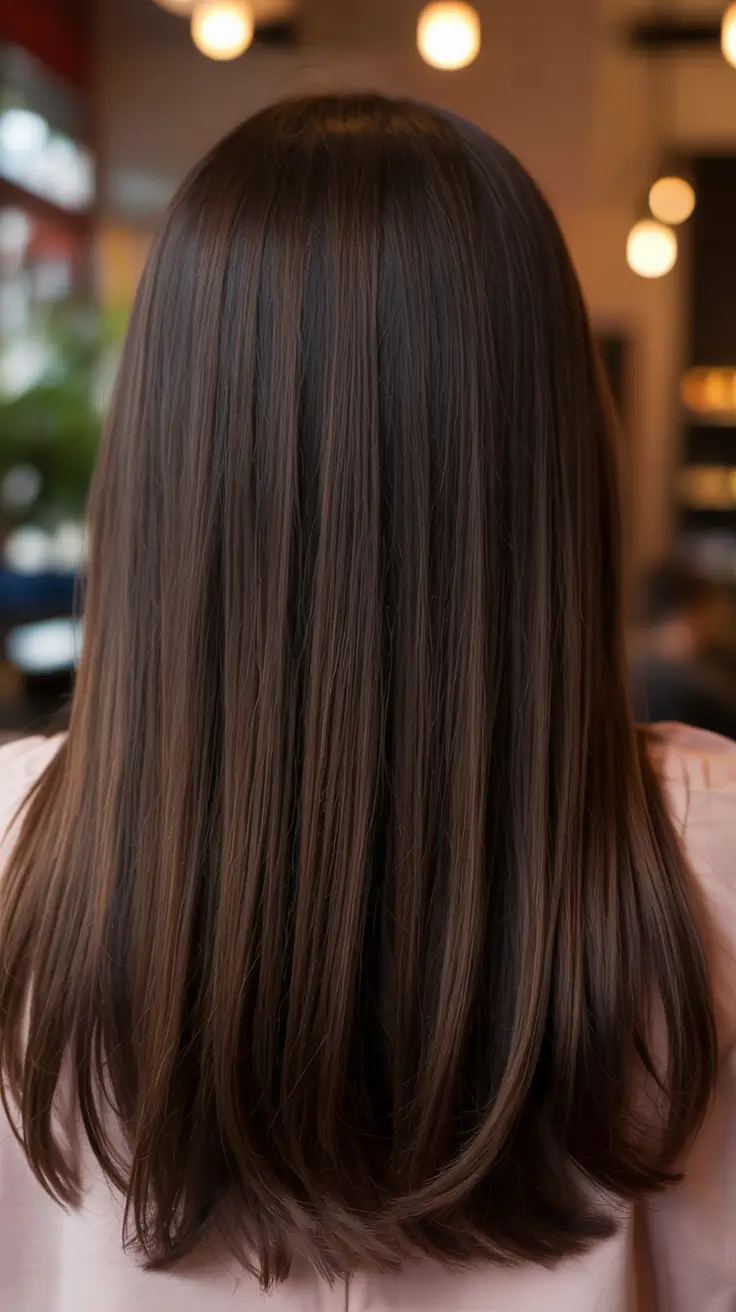 dark brown hair color 2026 Precision Ends on Straight Brunette