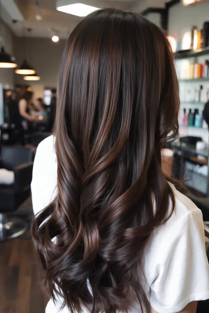 dark brown hair color 2026 Chestnut Ribbon Layers