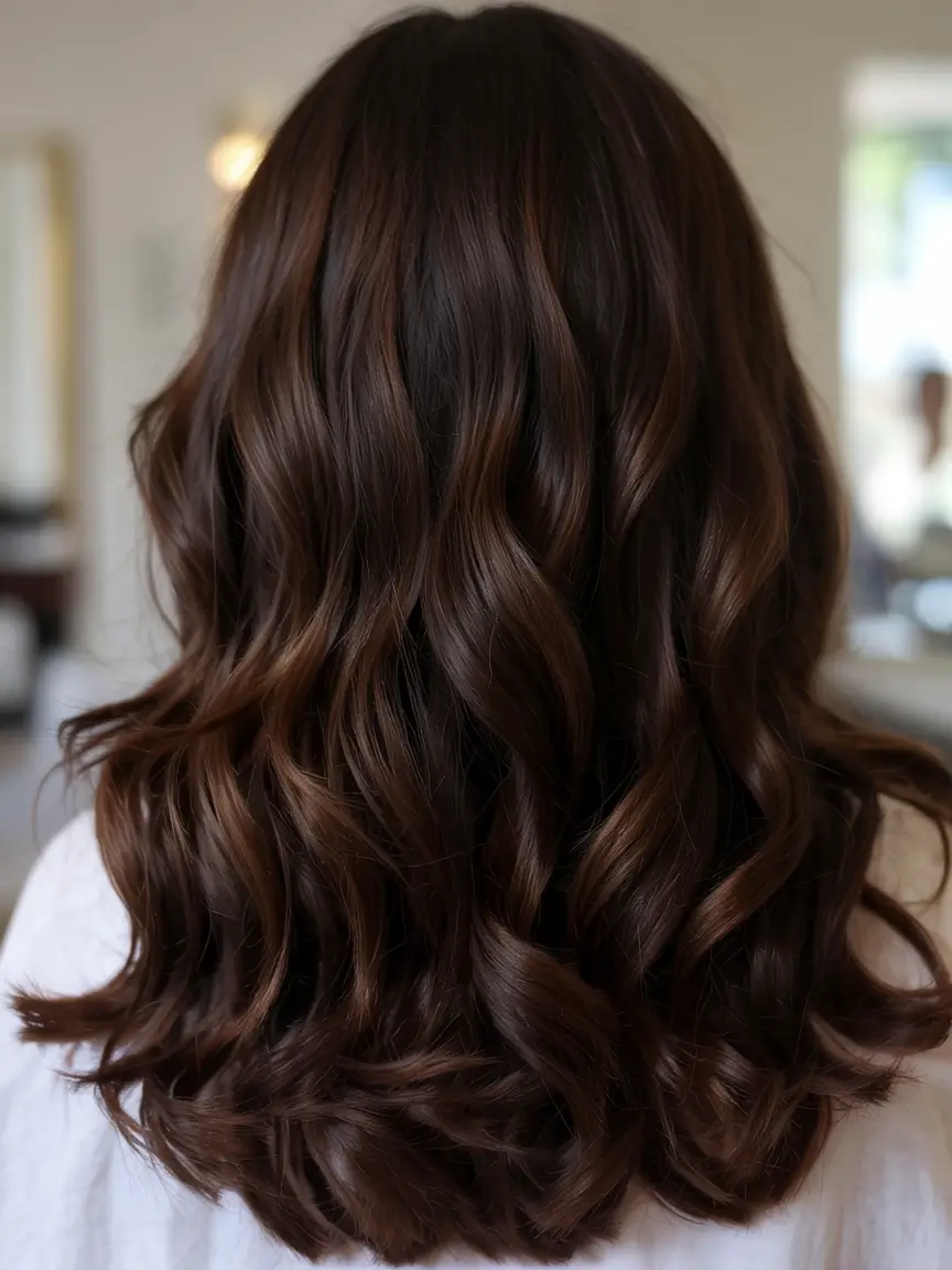 dark brown hair color 2026 Glossed Chestnut Ringlets