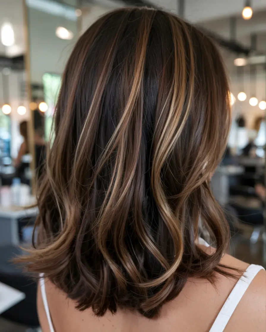 dark brown hair color 2026 Golden Highlight Pop Bob