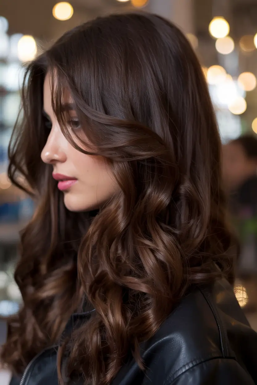 dark brown hair color 2026 Structured Curls in Soft Mocha