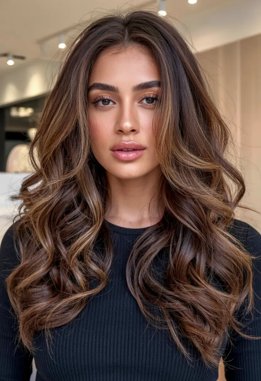 dark brown hair color 2026 Rooted Caramel Swirl Blowout